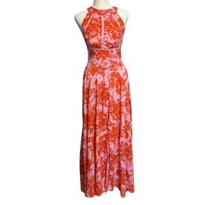 Abel the Label Anthropologie Size XS Floral Print Halter Maxi Dress Orange Pink